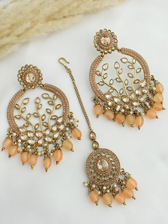 Inayat Earrings & Tikka (Golden)-peach