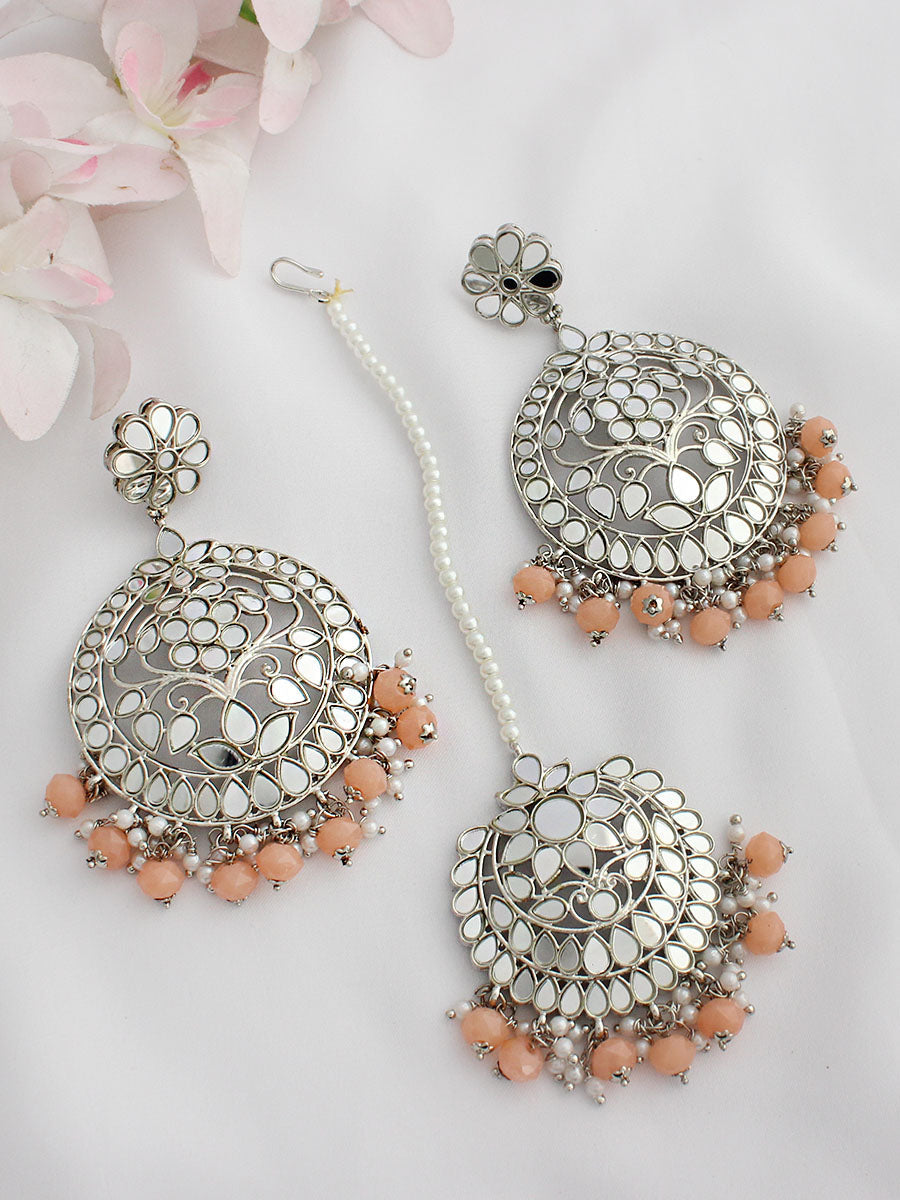 Aasma Mirror Earrings & Tikka - Peach