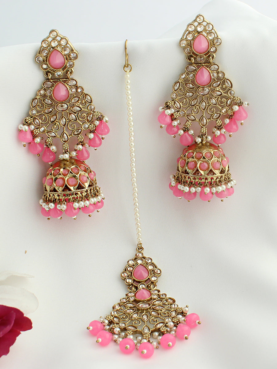 Anushri Earrings & Tikka-Pink