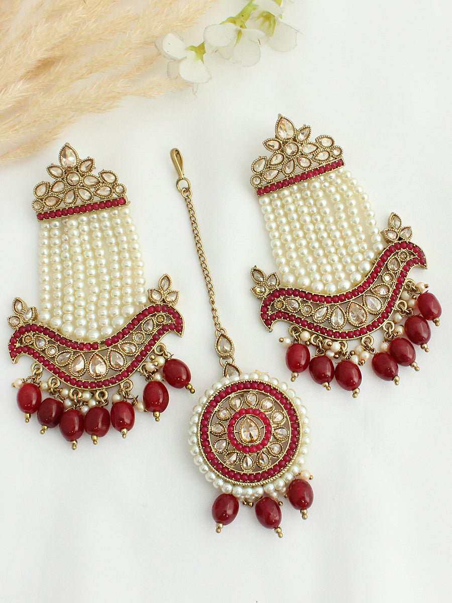 Amanaya Earrings & Tikka - Maroon