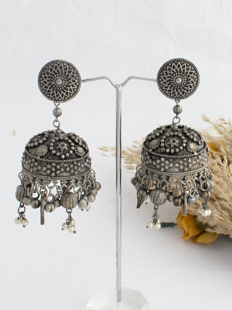 Buy Classic Oxidised Silver Big Drop Jhumka Earrings Online – The Jewelbox