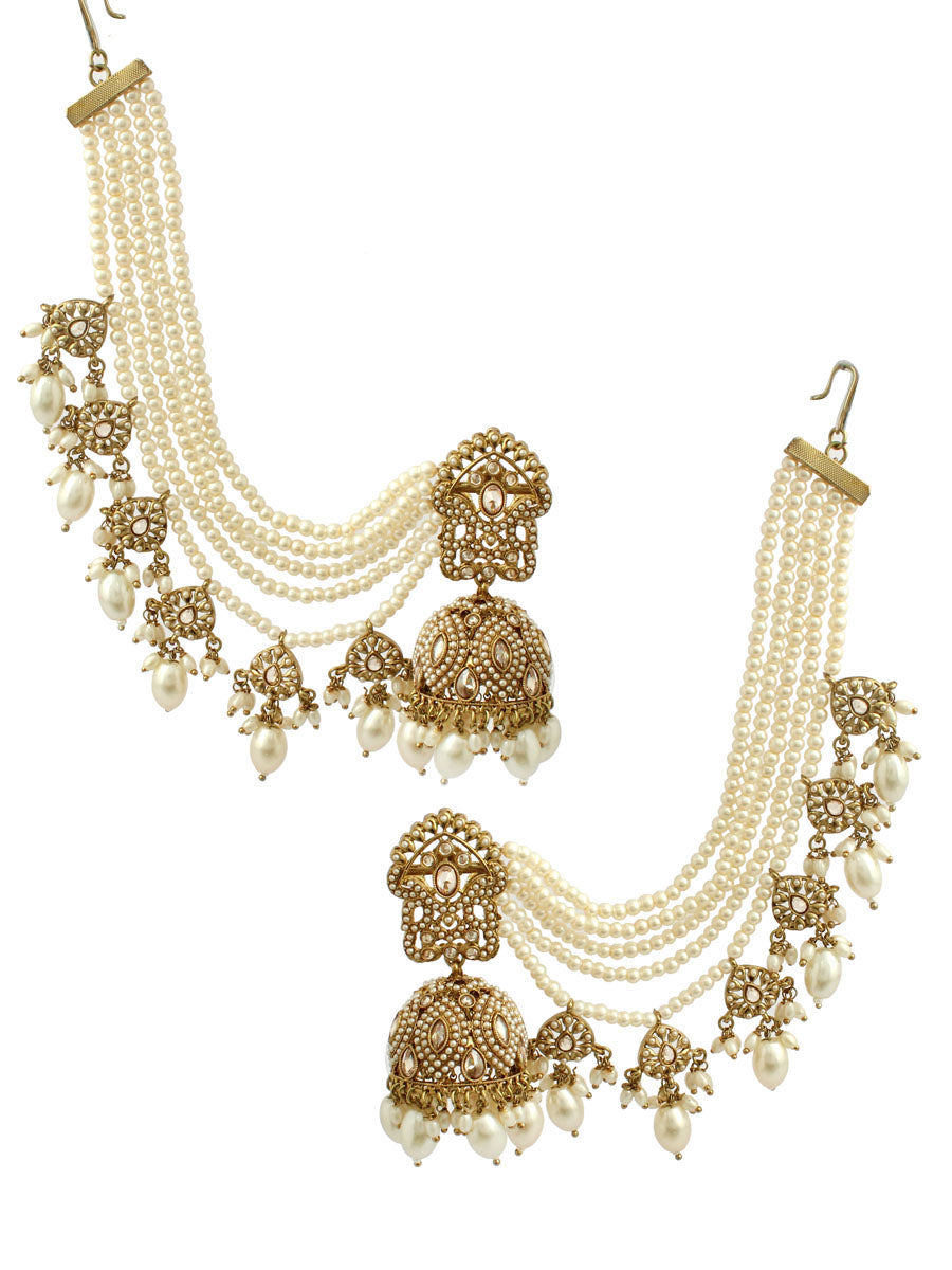 Pearl white Navya Jhumki Earrings With Ear Chain