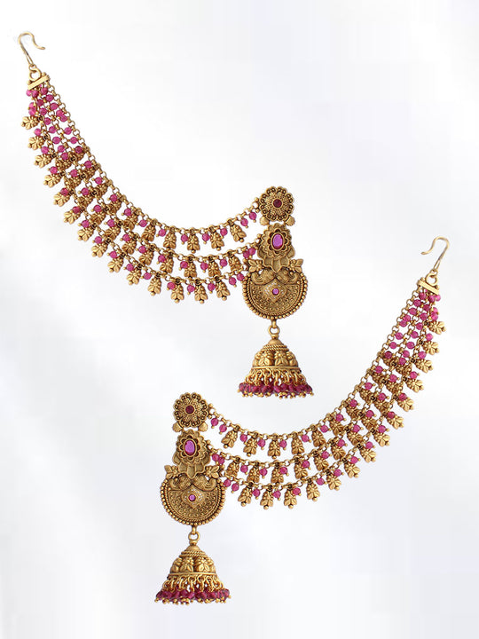 Aadhya Earrings With Ear Chain-Ruby pink