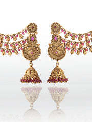 Aadhya Earrings With Ear Chain - Ruby Pink