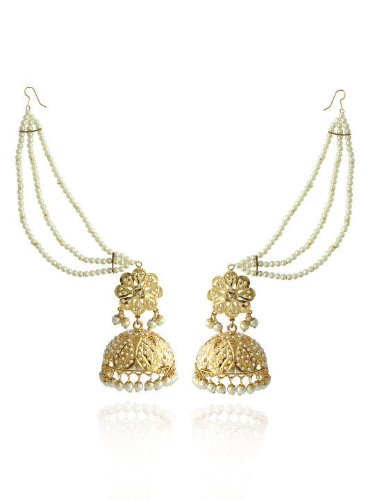 Adira Jadau Jhumki Earrings With Ear Chain  - White