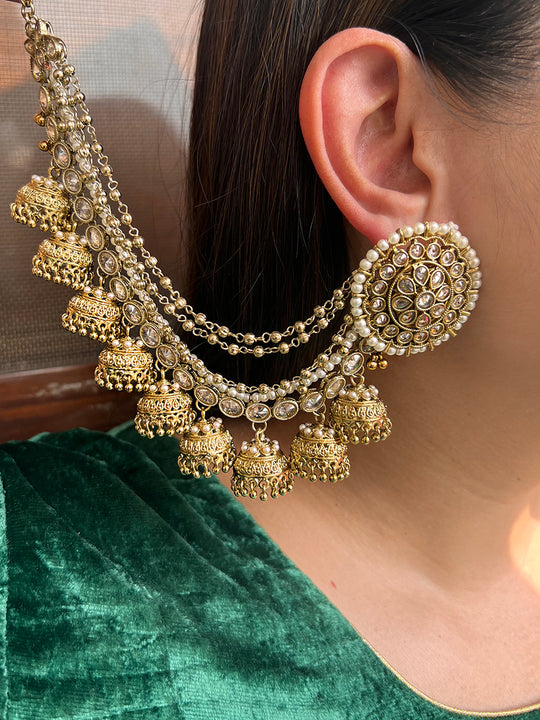 Nivika Stud Earrings With Ear Chain - Gold