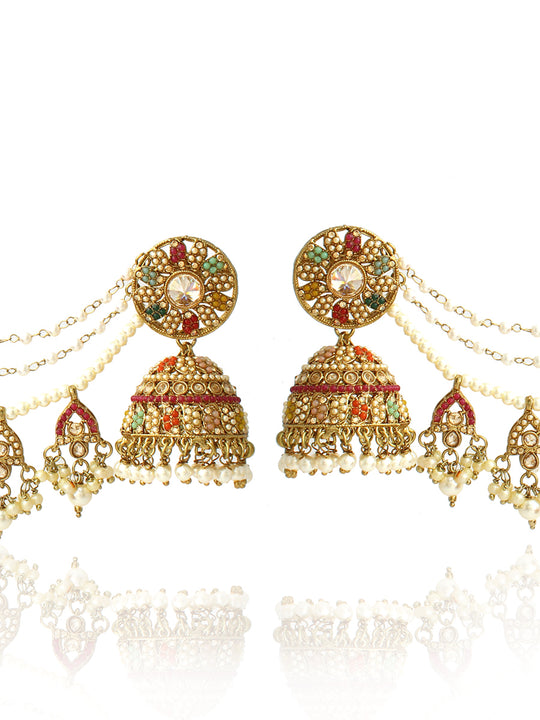 Inaya Jhumki Earrings With Ear Chain-Multicolor