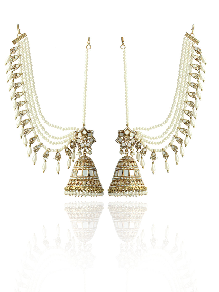 Nushrat Mirror Jhumki Earrings With Ear Chain-Gold