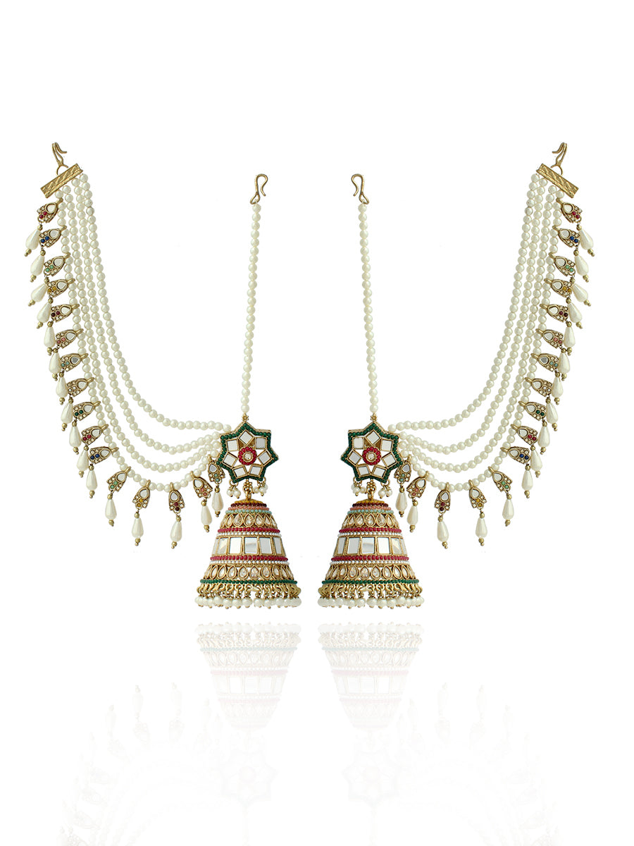 Nushrat Mirror Jhumki Earrings With Ear Chain-Multicolor