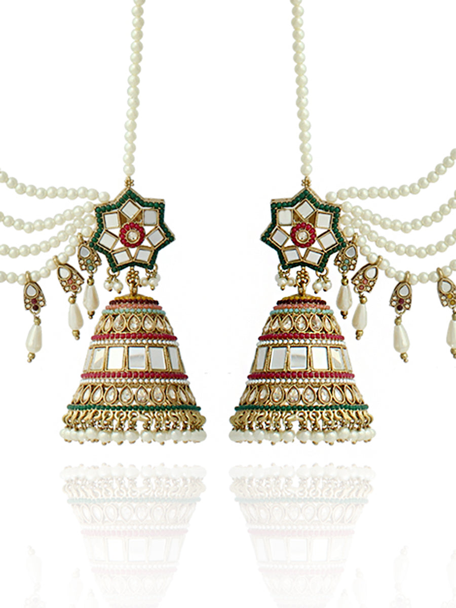 Nushrat Mirror Jhumki Earrings With Ear Chain