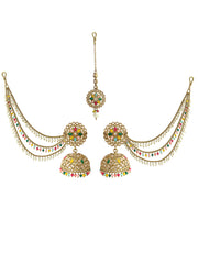 Shiza Jhumki Earrings with Earchain & Tikka-Multicolor