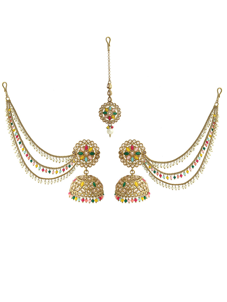 Shiza Jhumki Earrings with Earchain & Tikka-Multicolor