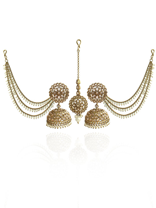 Shiza Jhumki Earrings with Earchain & Tikka-gold