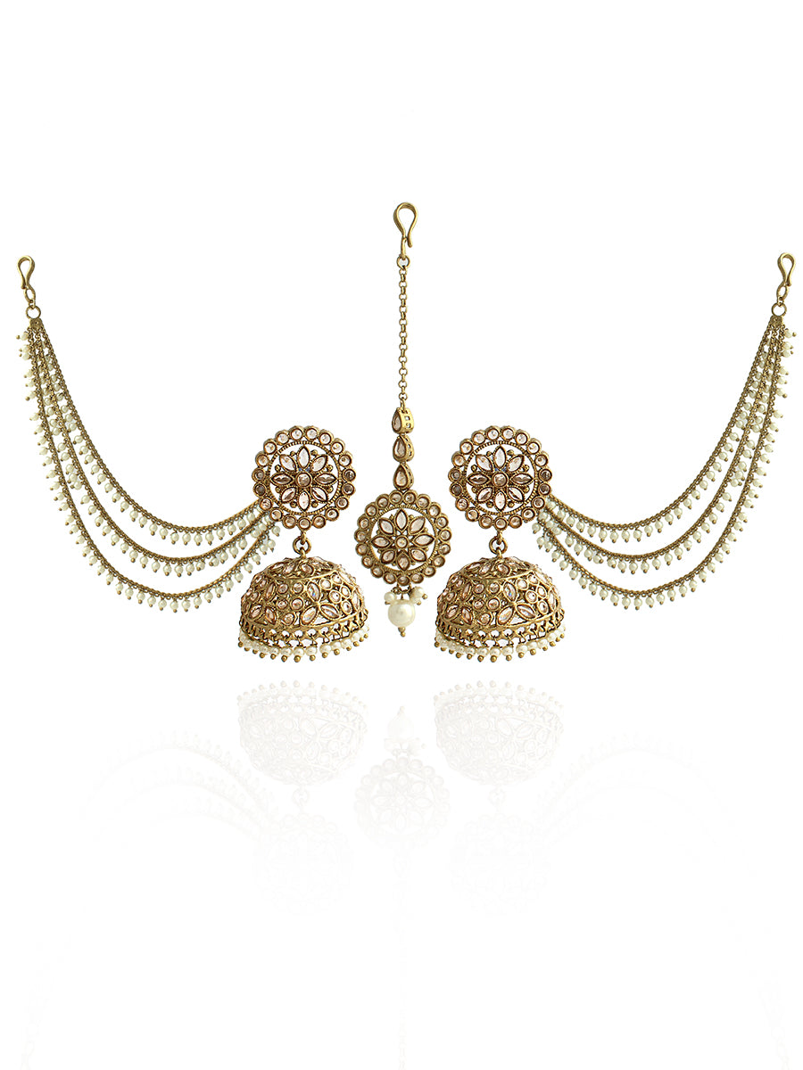 Shiza Jhumki Earrings with Earchain & Tikka-gold