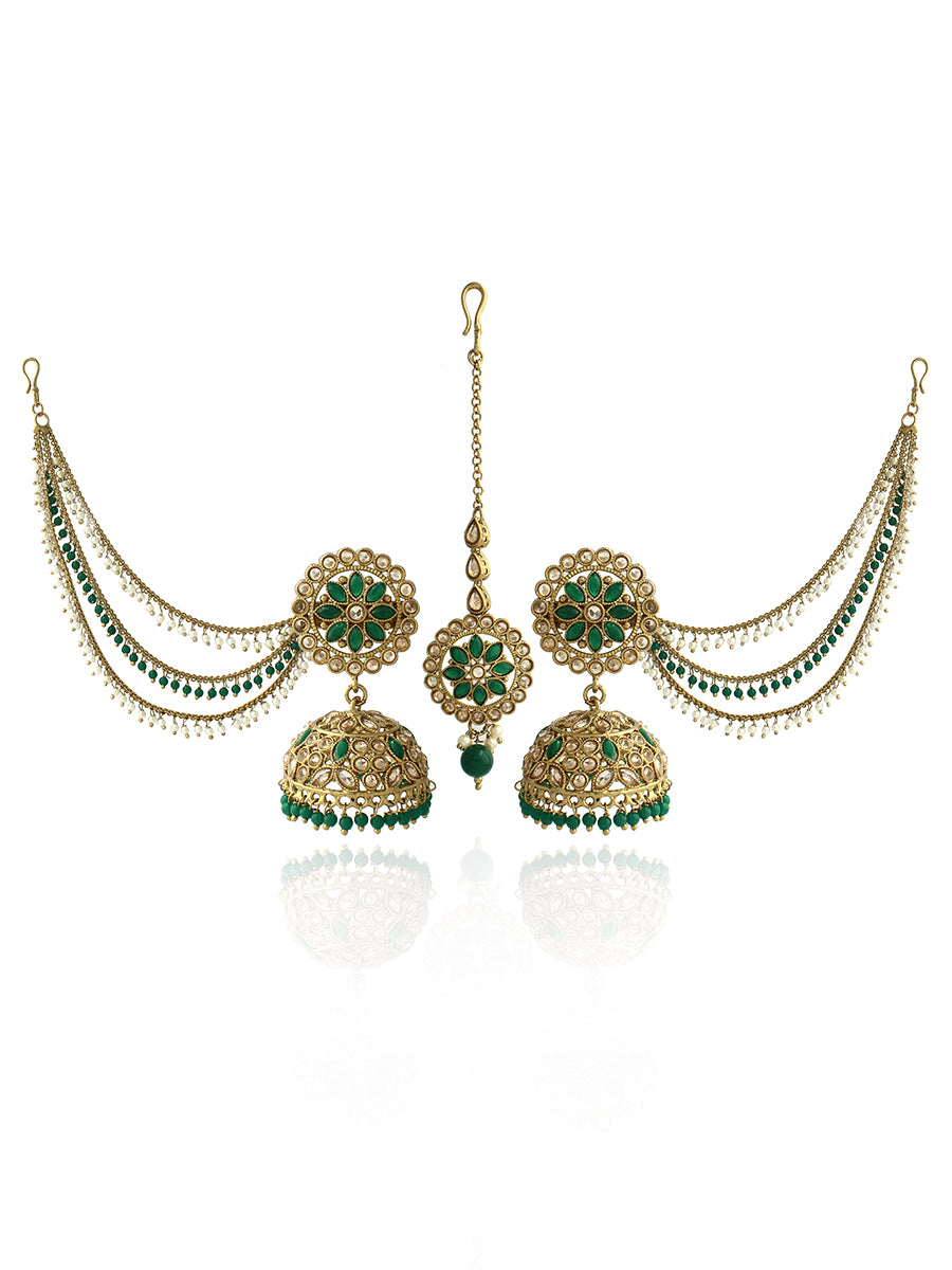 Shiza Jhumki Earrings with Earchain & Tikka-Green