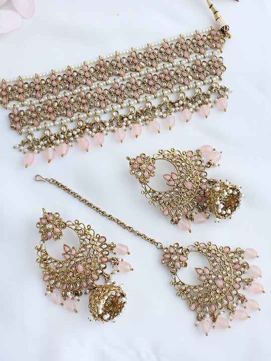 Saira Choker Necklace Set-Pastel Pink
