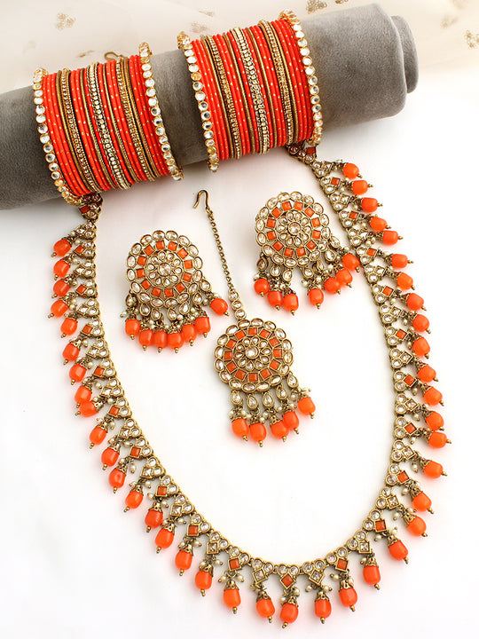 Chetna Long Necklace Set- Orange