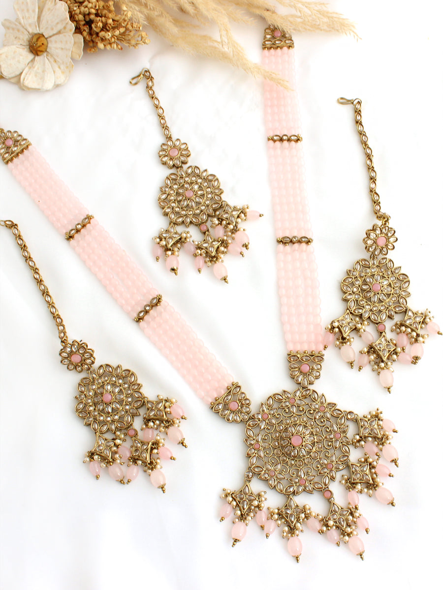 Aakriti Long Necklace Set-Pastel Pink