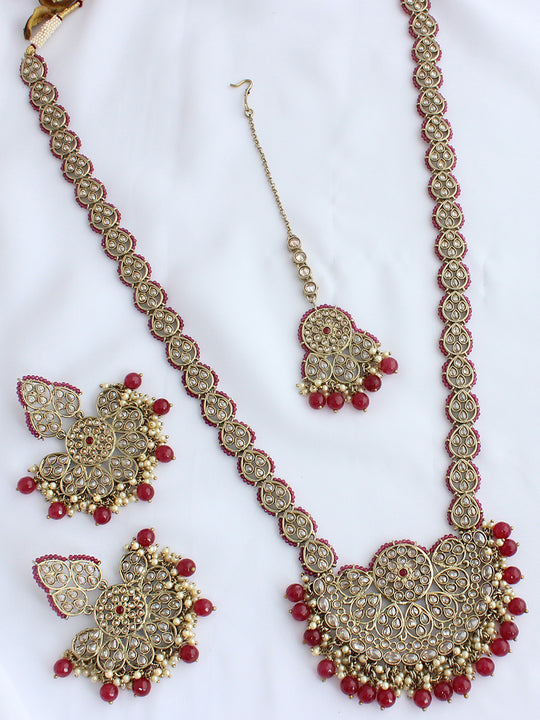 Shaira Long Necklace Set-Maroon-Maroon
