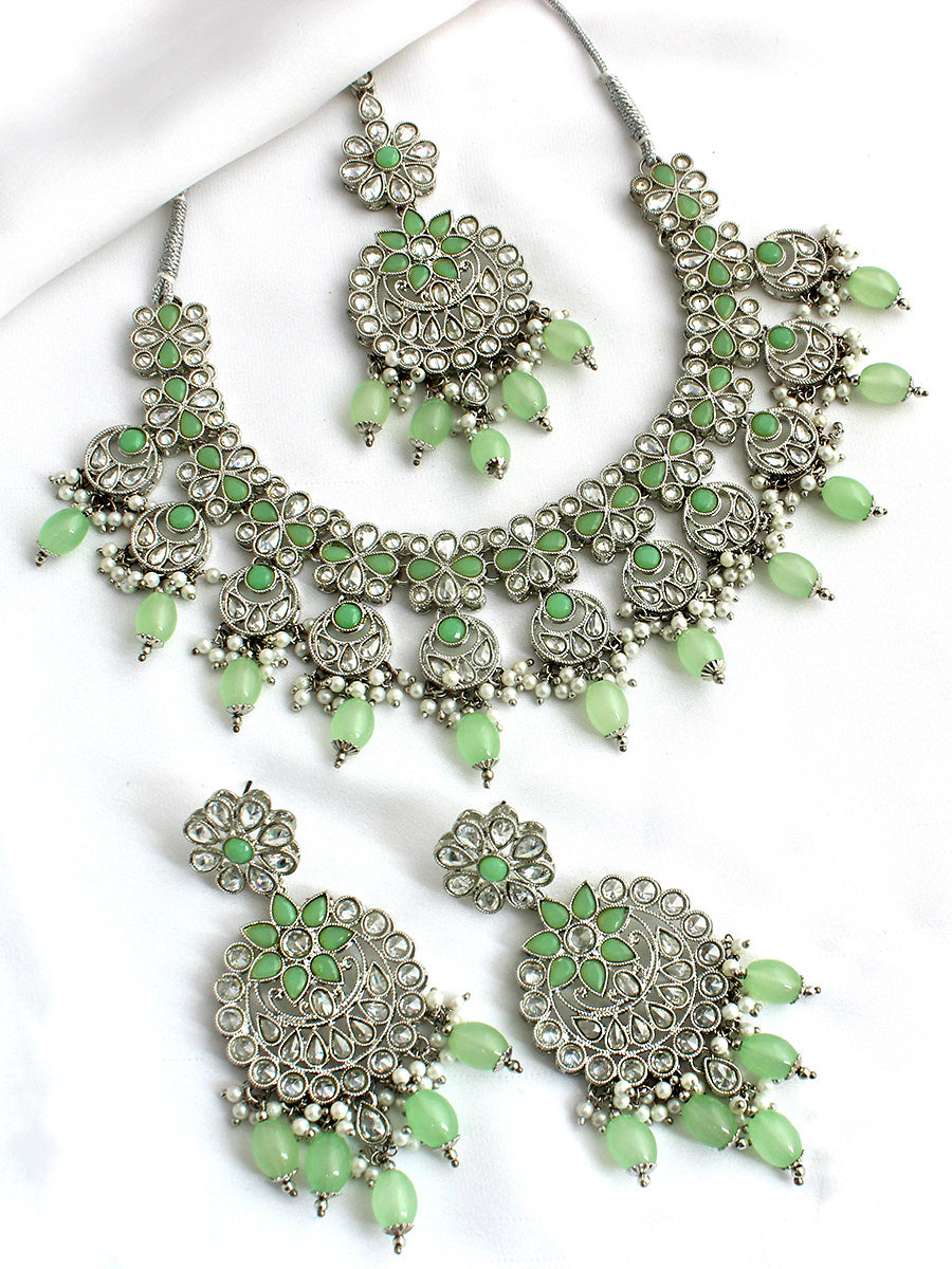 Devyanshi Necklace Set-Silver / Mint Green