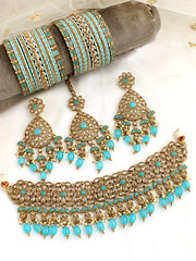 Sonali Necklace Set-Silver-Golden/Aqua