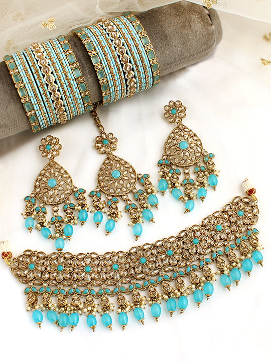 Sonali Necklace Set-Silver-Golden/Aqua