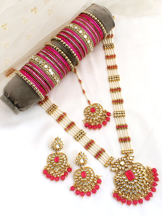 Madiha Long / Ranihaar Necklace Set- Hot Pink