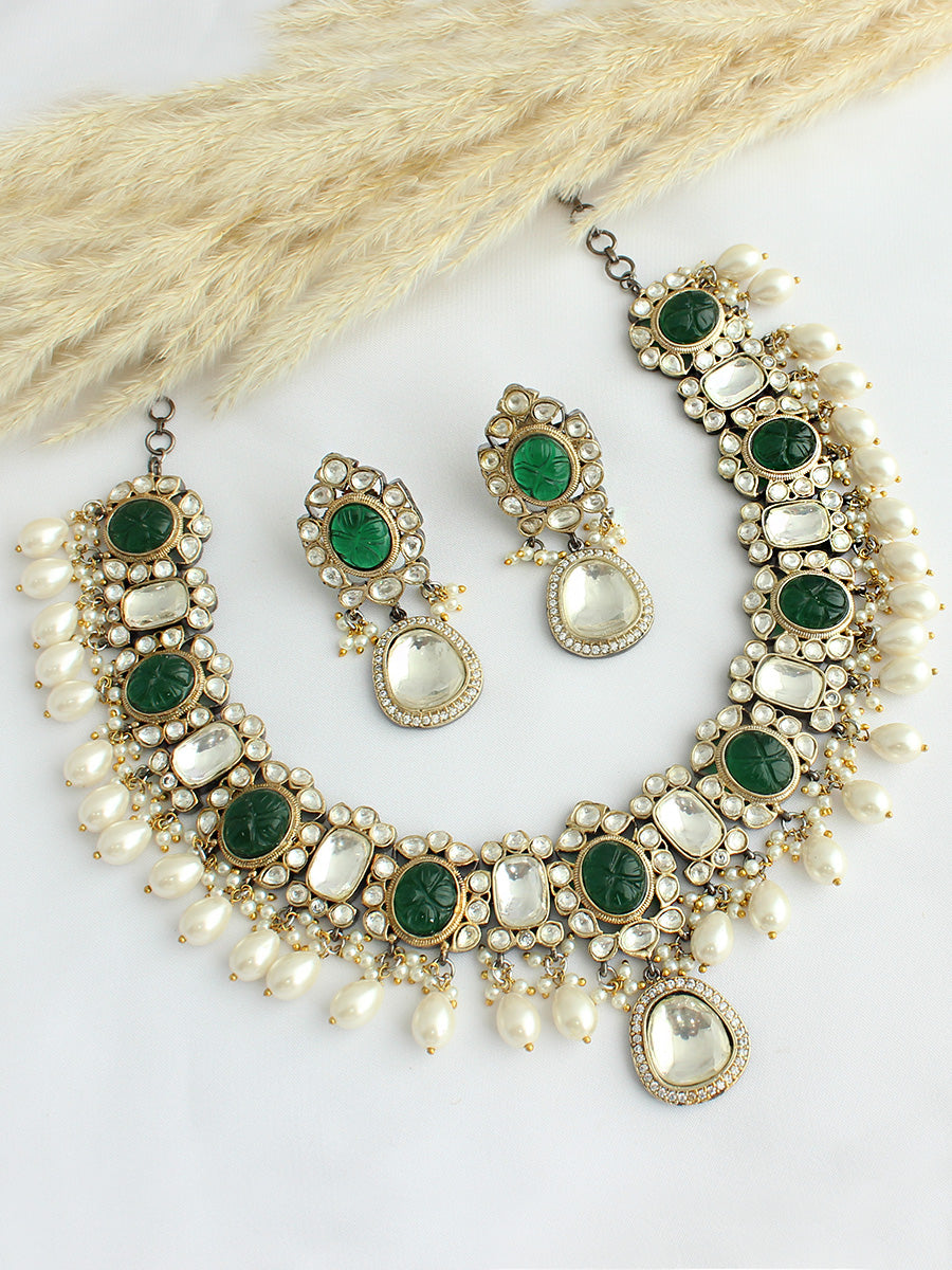 Kolkata Bib Necklace Set- Green