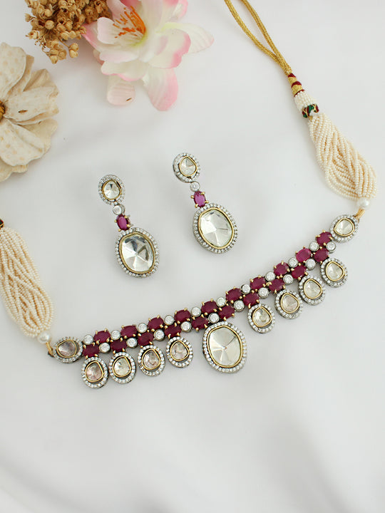 Rishika Choker Necklace Set-Ruby Pink