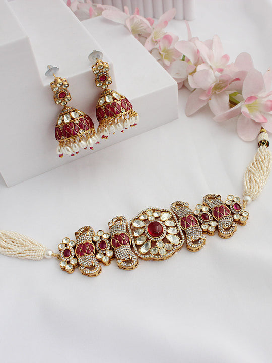 Surat Choker Necklace Set - Ruby pink