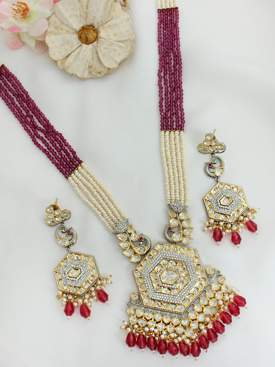 Surat Long Necklace Set-ruby Pink