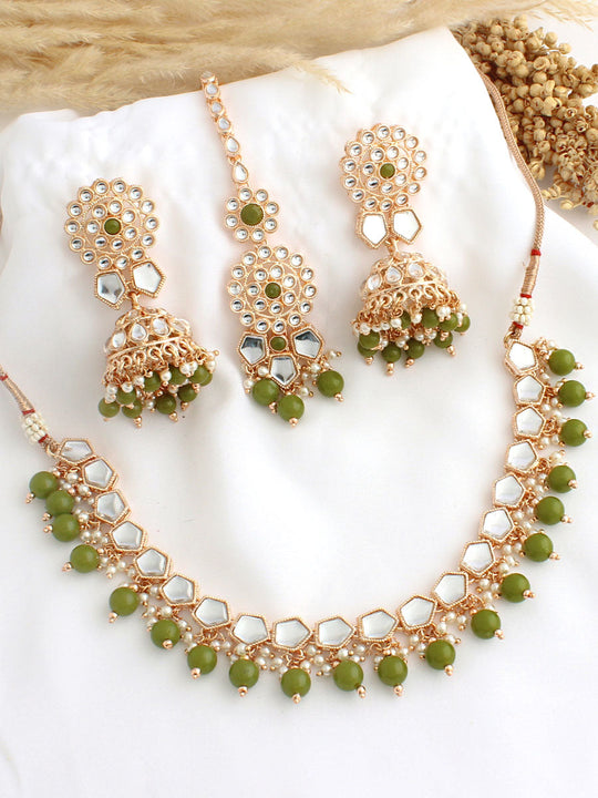 Tara Bib Necklace Set-Mehndi Green