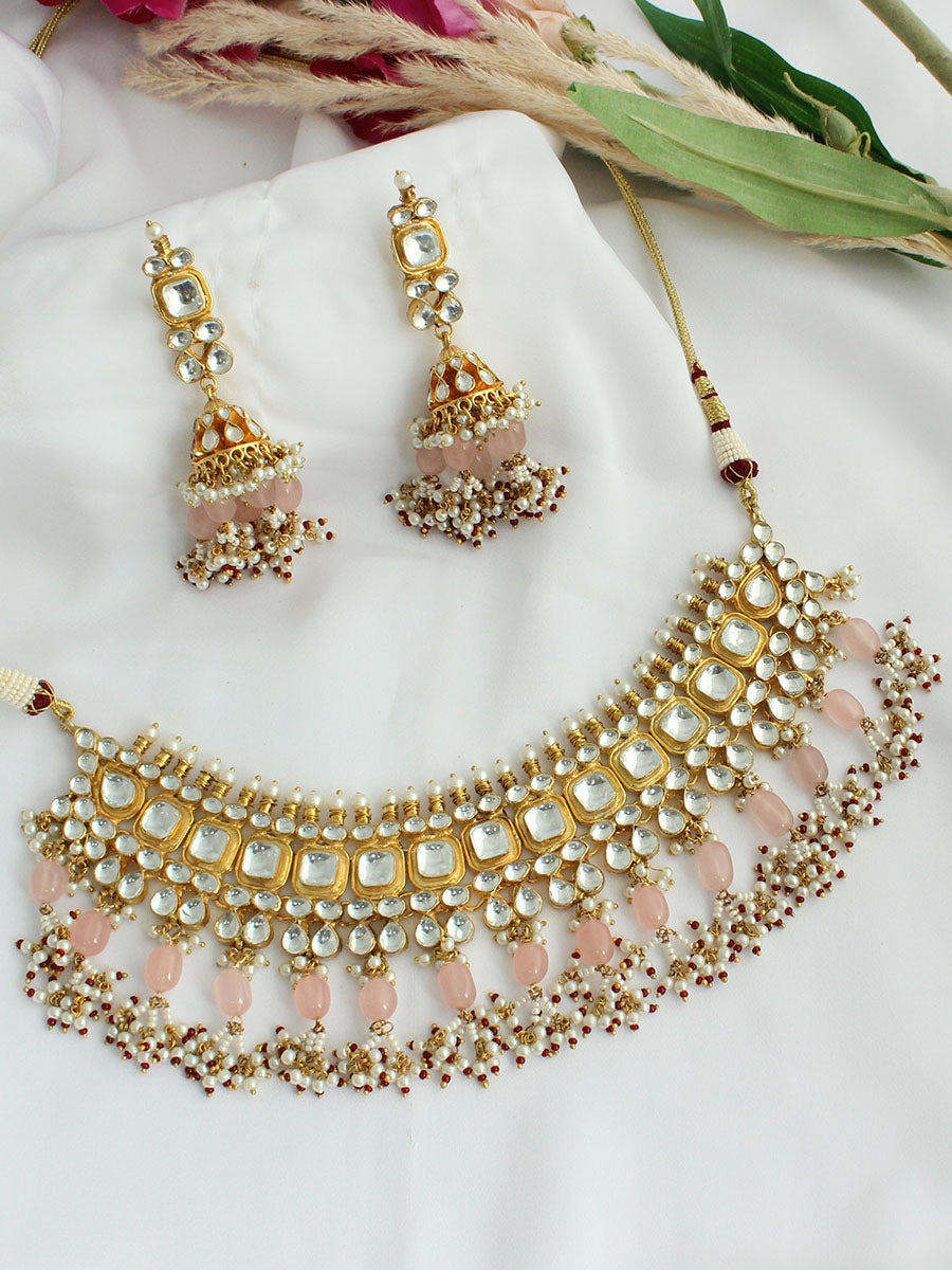 Tripti Choker Necklace Set - Pastel Pink