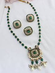 Aavya Long Necklace Set with Ring  - Green