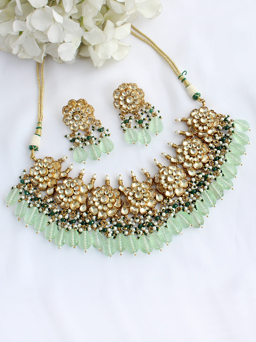 Arushka Bib Necklace Set - Mint Green