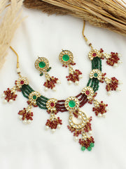 Vishali Bib Necklace Set-Maroon - Green