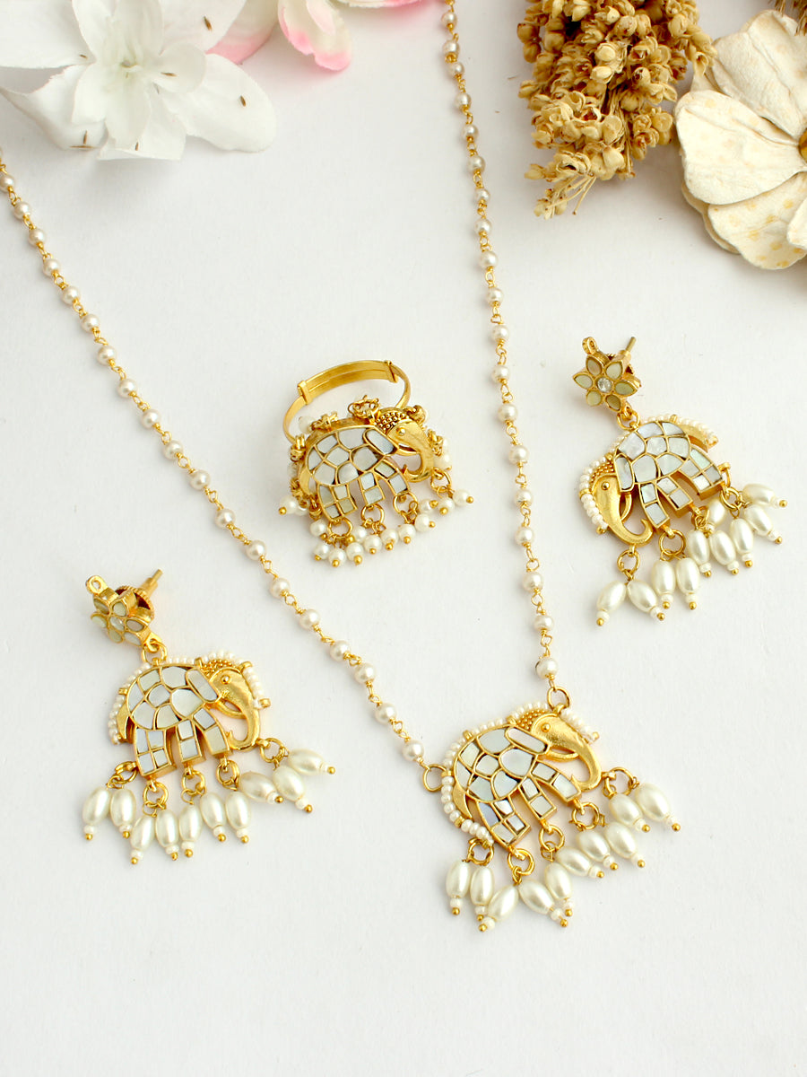 Elephant Pendant Necklace Set with Ring-Ivory