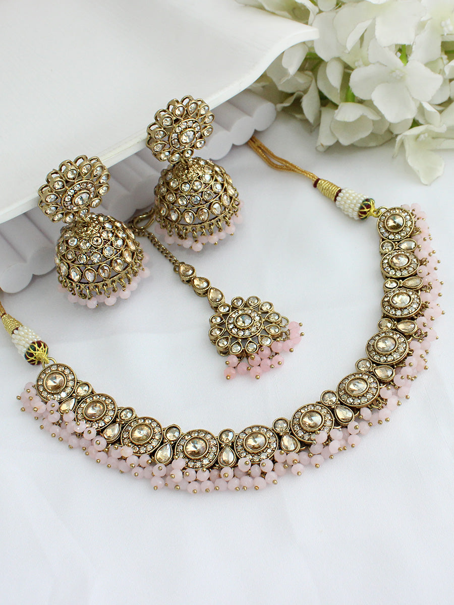 Reet Choker Necklace Set-Pastel Pink