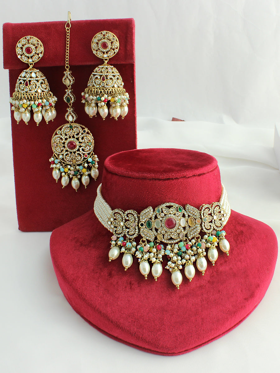 Nirvi Mirror Choker Necklace Set-Multicolor