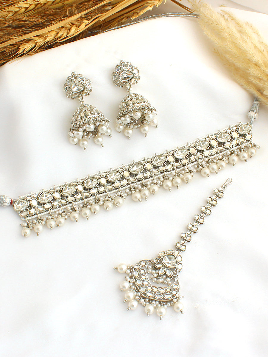 Anaysha Choker Necklace Set-Silver