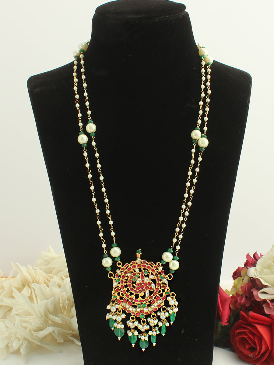 Ramiza Long Pendant Necklace- Pink/green