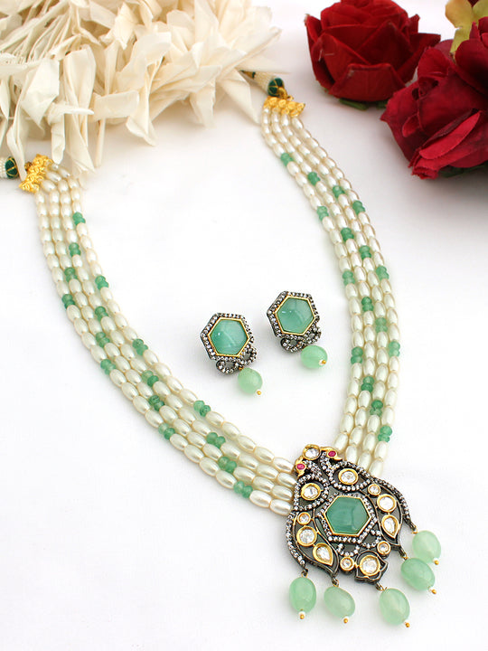 Aarya Long Pendant Necklace Set-Mintgreen