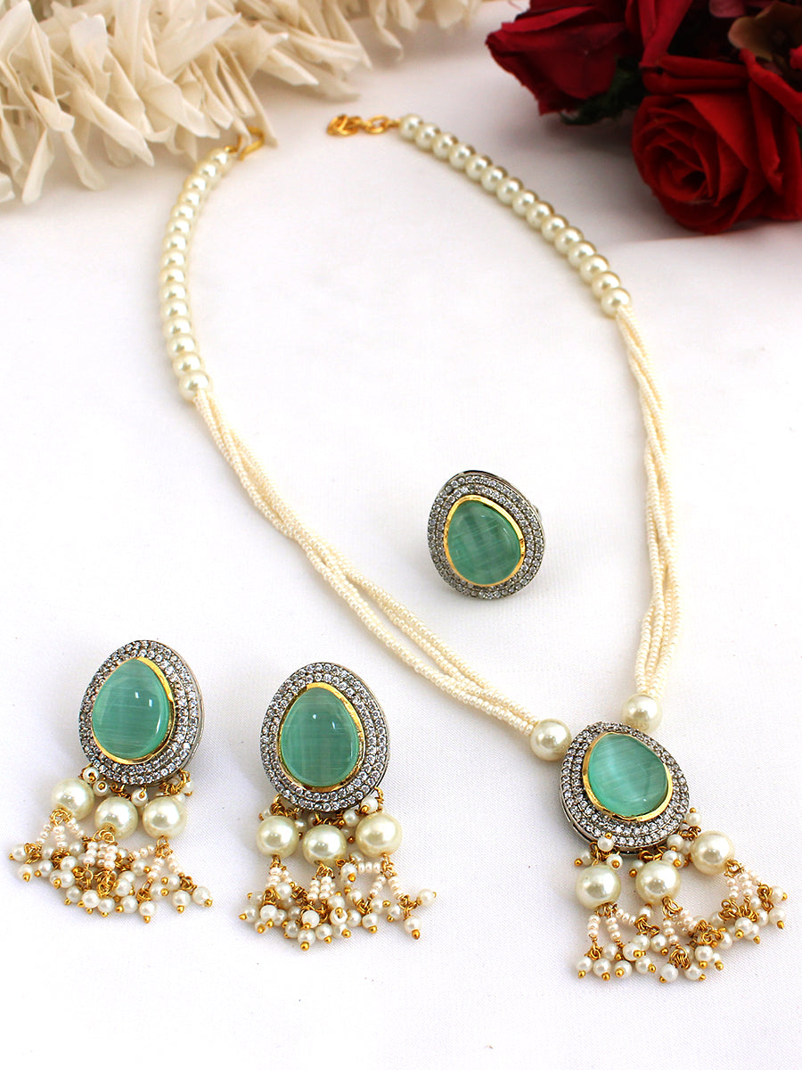 Nakshita Necklace Set with Ring-Mintgreen