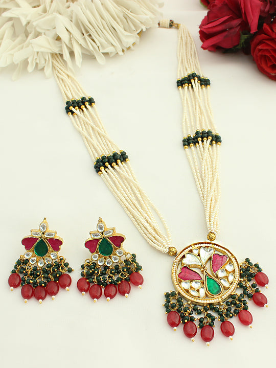 Kritya Long Necklace Set-Pink / Green