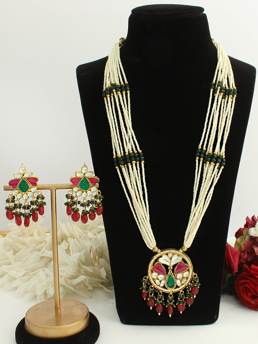 Kritya Long Necklace Set-Pink / Green