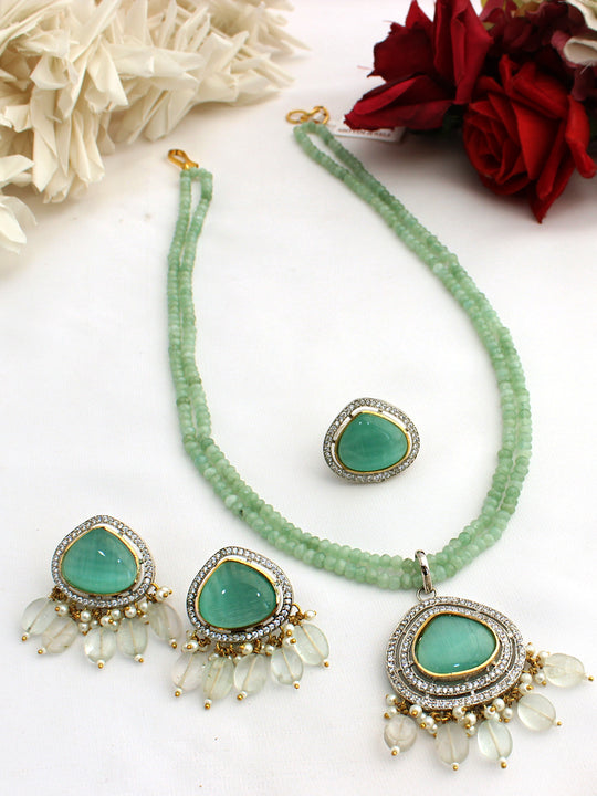 Varsha Necklace Set with Ring-Mint Green