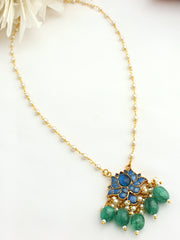 Lotus Pendant Long Necklace -Blue