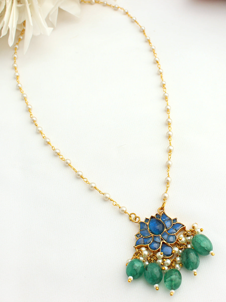 Lotus Pendant Long Necklace -Blue