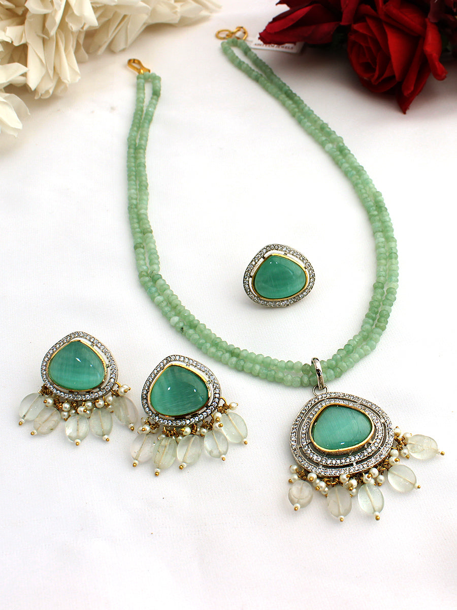 Varsha Necklace Set with Ring-Mint Green