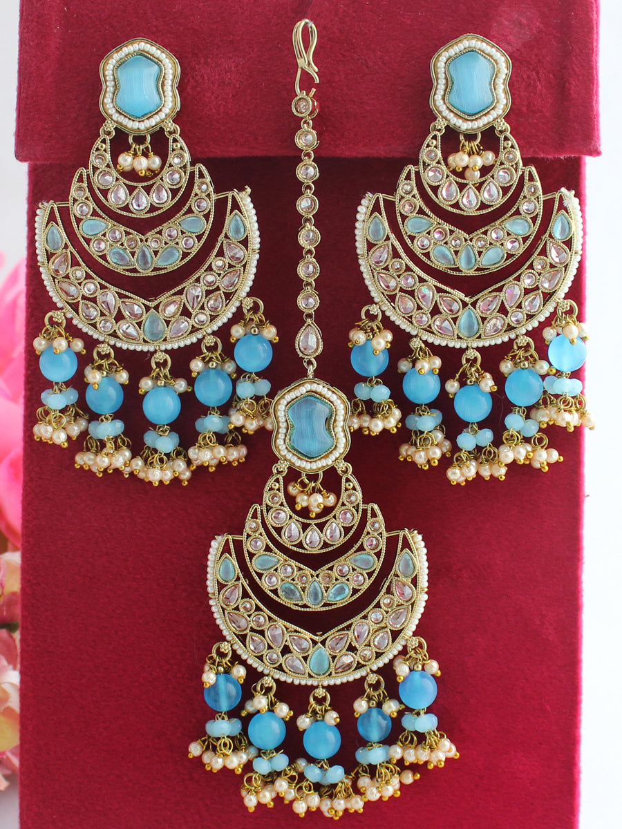 Sky blue colour earrings and tikka set with pipal Patti in traditional –  Timeless desires collection